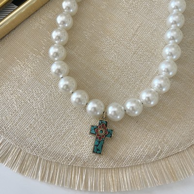COLLANA PERLE GIGANTI PENDENTE CROCE
