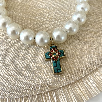 COLLANA PERLE GIGANTI PENDENTE CROCE