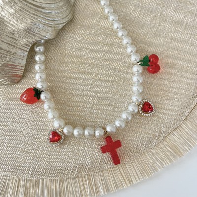 COLLANA PERLE CROCE E FRUTTA